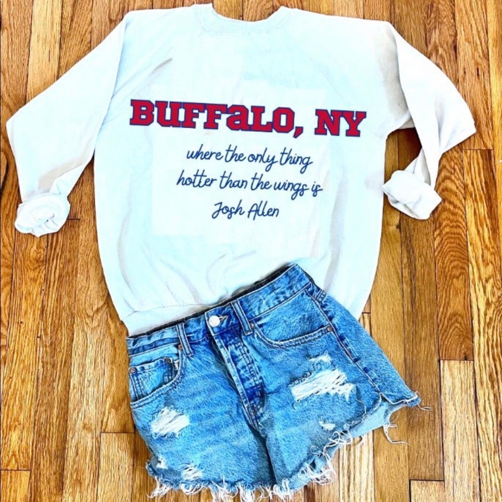 Buffalo Bills sweatshirt — hotter than Josh Allen and Stefon Diggs? Nah.
